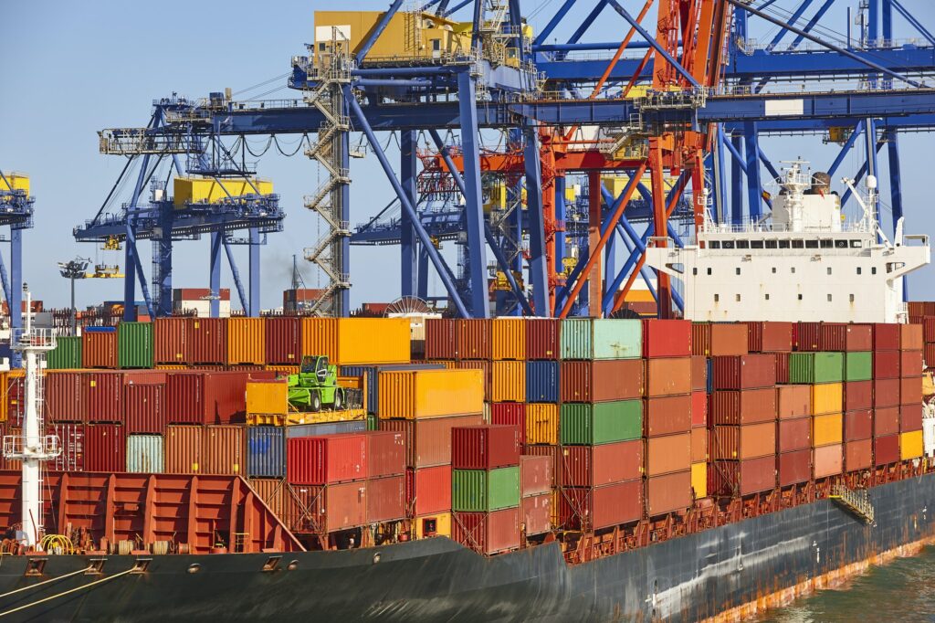 Containers on a vessel. Global market. Cargo shipping. International economy